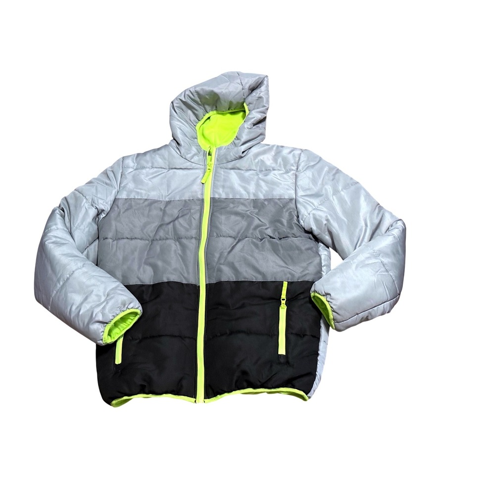 Simply Styled Boys XL 18/20‎ Puffer Jacket Grey Black Neon Yellow Fleece Lined